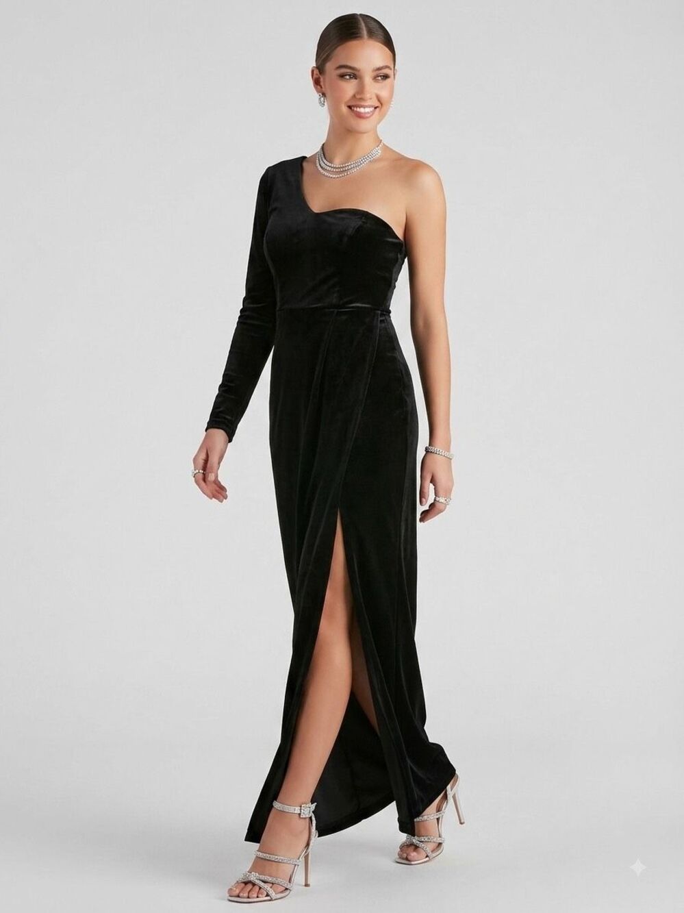 Lulus Mysterious Elegance Black Velvet One Shoulder Maxi Dress High Slit XS